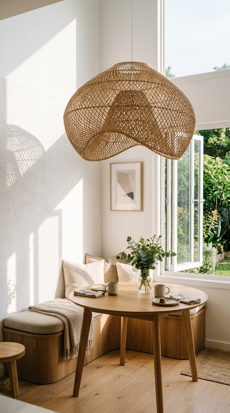 Breakfast nook with large rattan statement pendant light over a simple round table in a bright kitchen corner