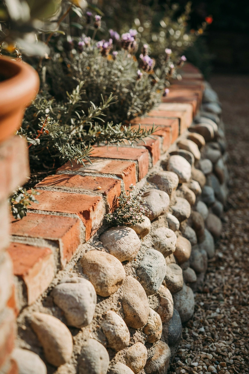 Alternating brick and cobblestone garden edging creating a natural textured border in a Mediterranean-style garden