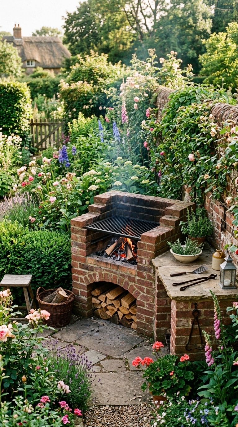 Classic brick outdoor BBQ station built into a garden wall surrounded by lush green landscaping