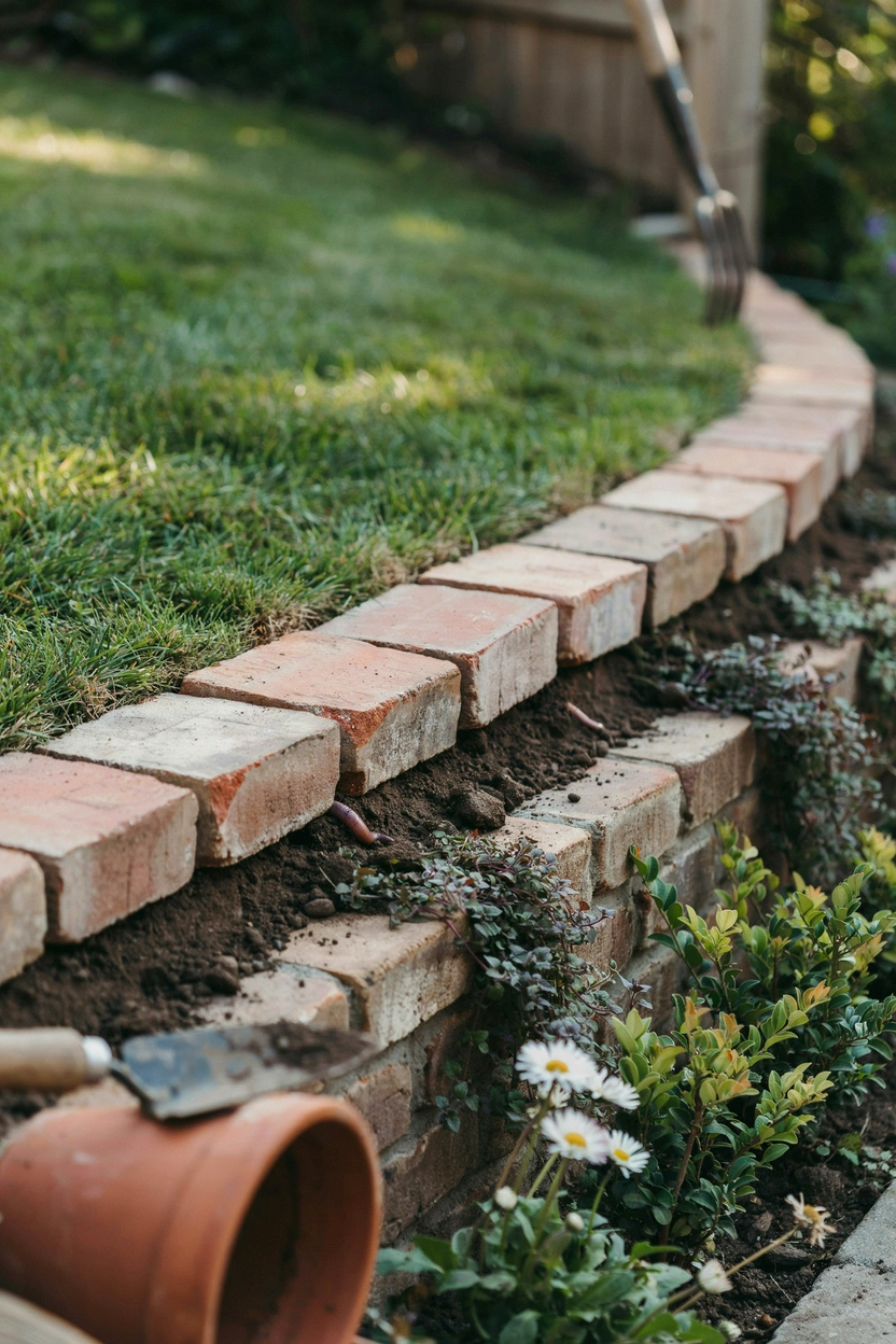 Deep-set brick garden edging on a sloped garden incline providing stability on a terracotta-bordered hillside bed