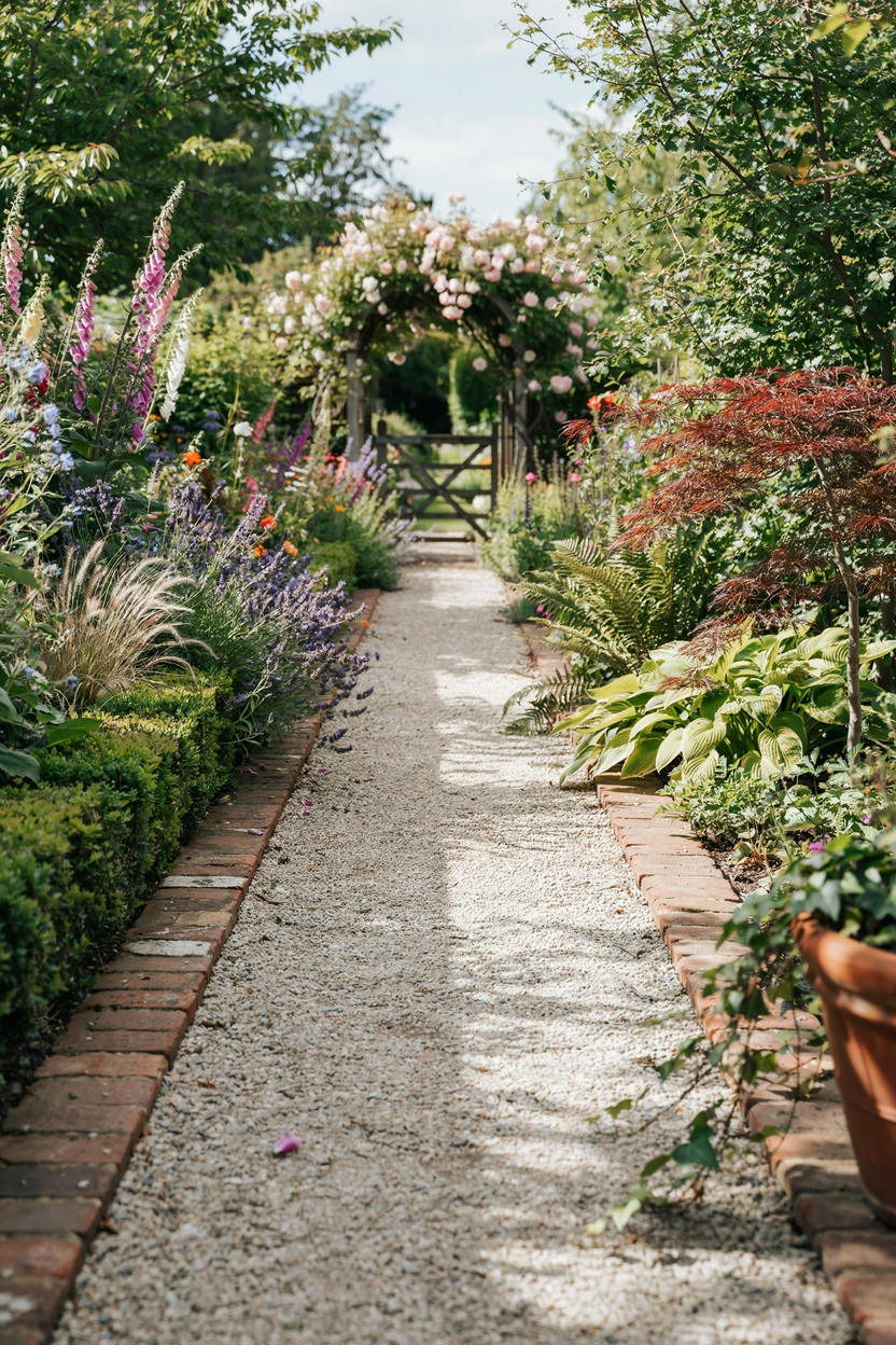 Brick-edged gravel garden pathway with matching brick borders on both sides creating a cohesive garden walkway design