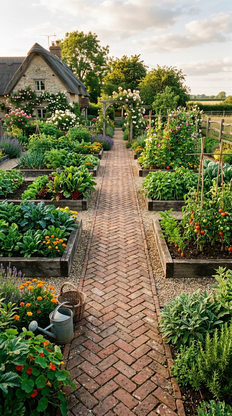 Brick path grid potager garden layout
