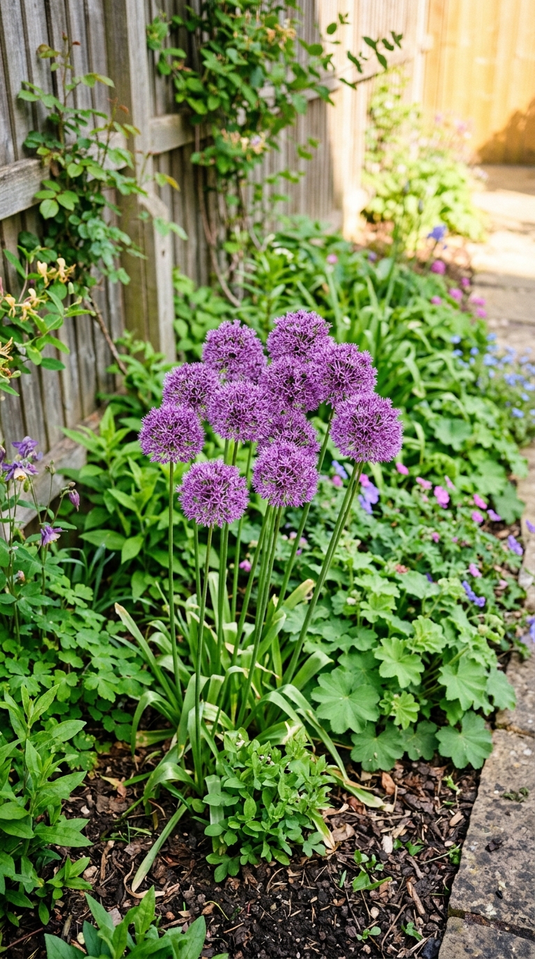 Budget beginner allium garden with small cluster of ten purple globe flowers in a simple sunny garden border