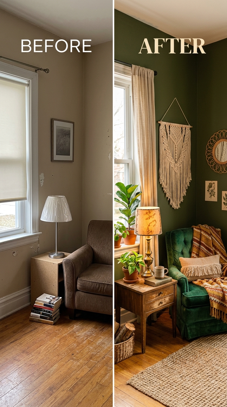 Budget-friendly dark boho living room with DIY macrame, thrifted chair, and painted dark accent wall