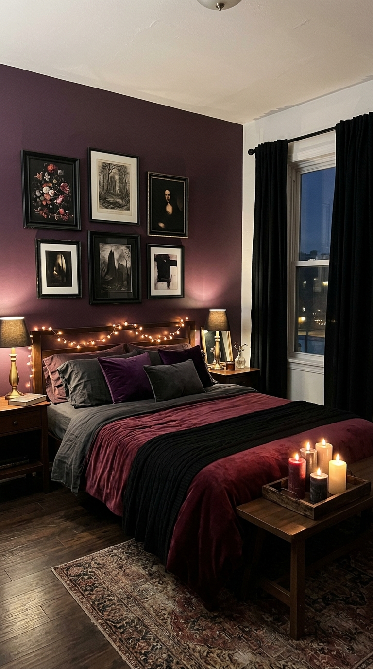Budget dark romantic bedroom with plum accent wall, velvet duvet, and candles for a moody look on a low budget