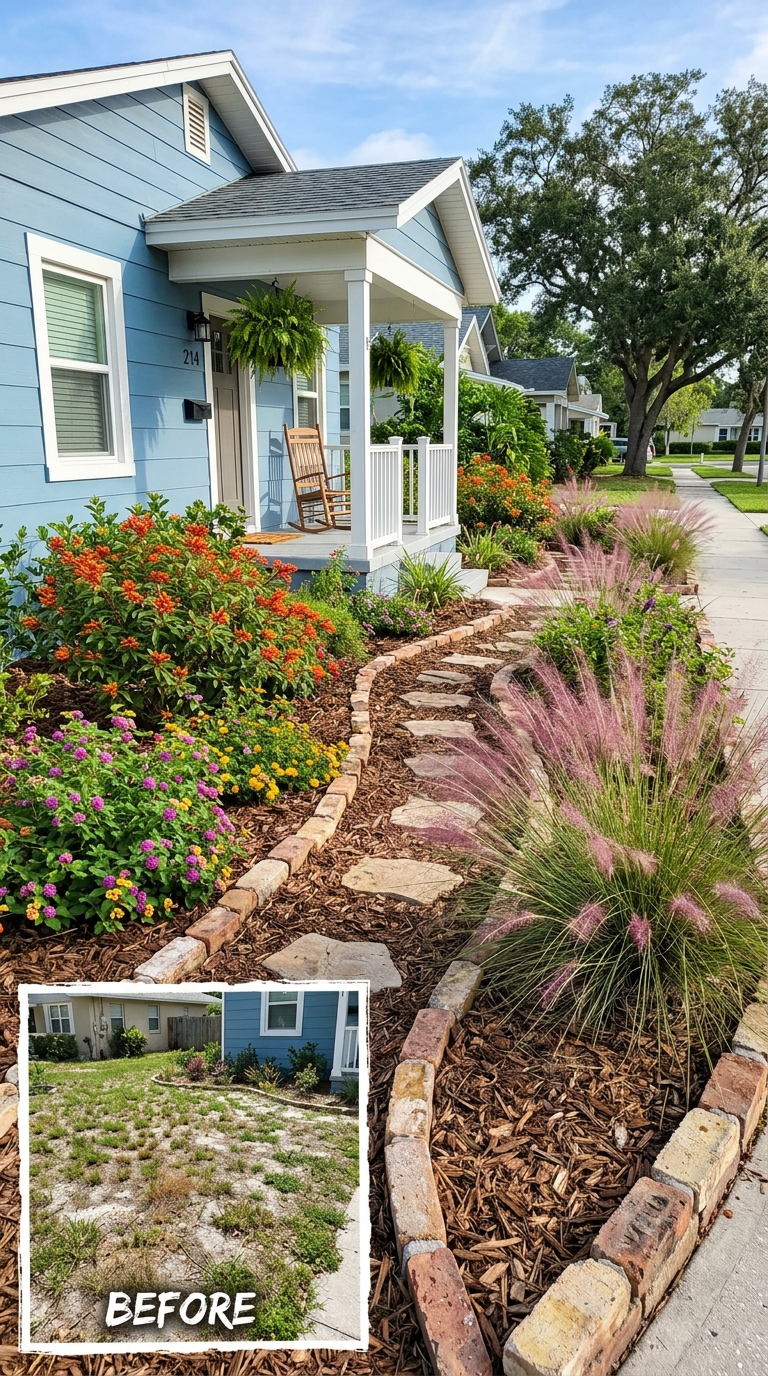 Budget-friendly Florida front yard makeover with native plants, firebush, lantana, mulch, and brick edging