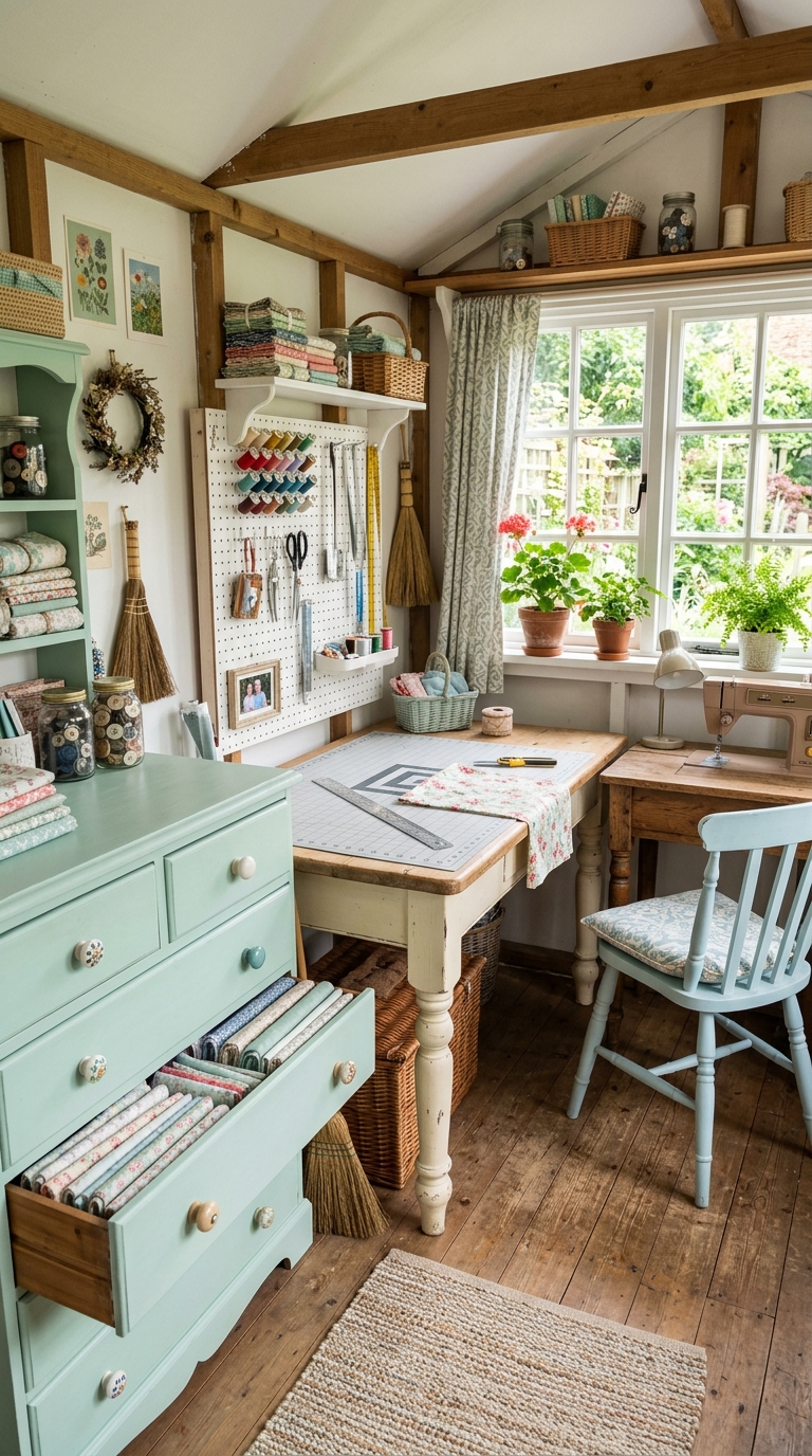 Budget sewing she shed idea using repainted secondhand furniture