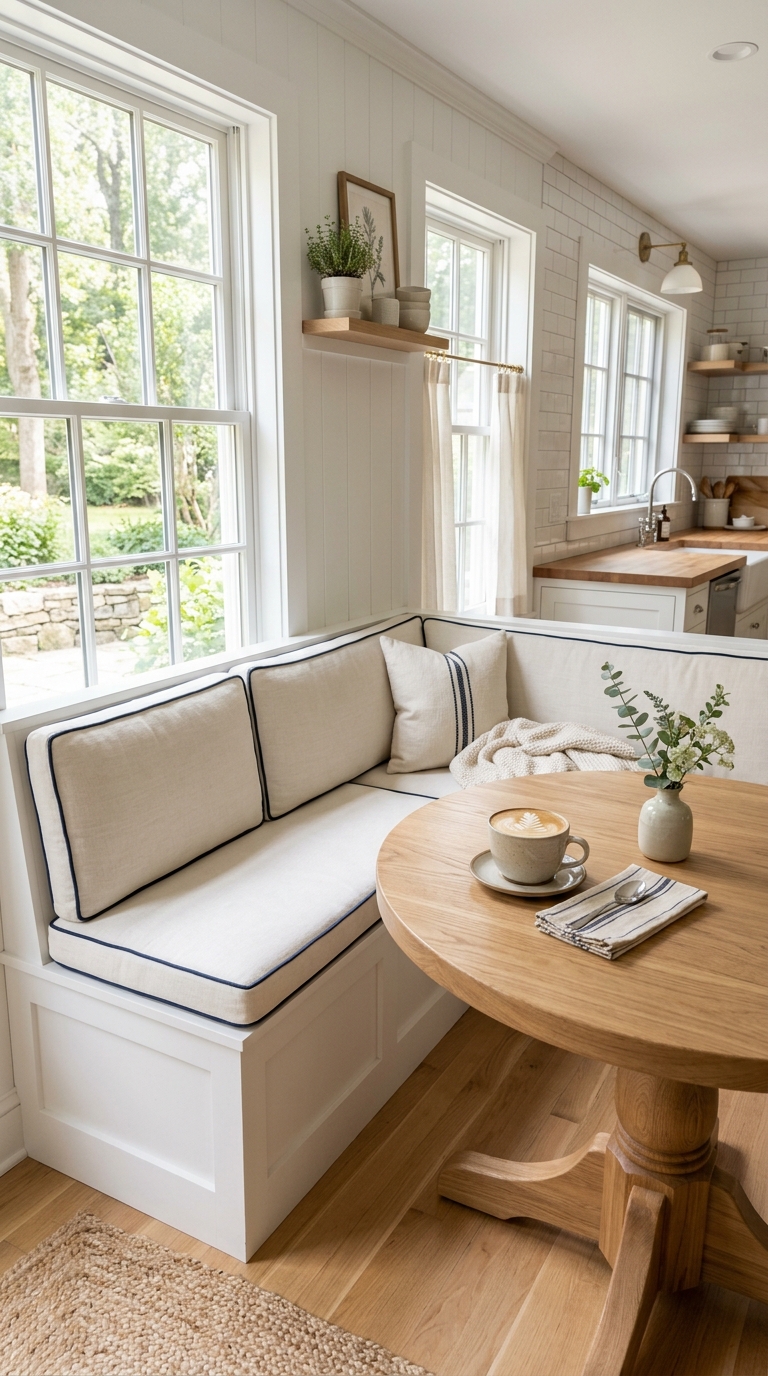 Built-in breakfast nook with hidden storage bench and cream linen cushions in a bright kitchen corner