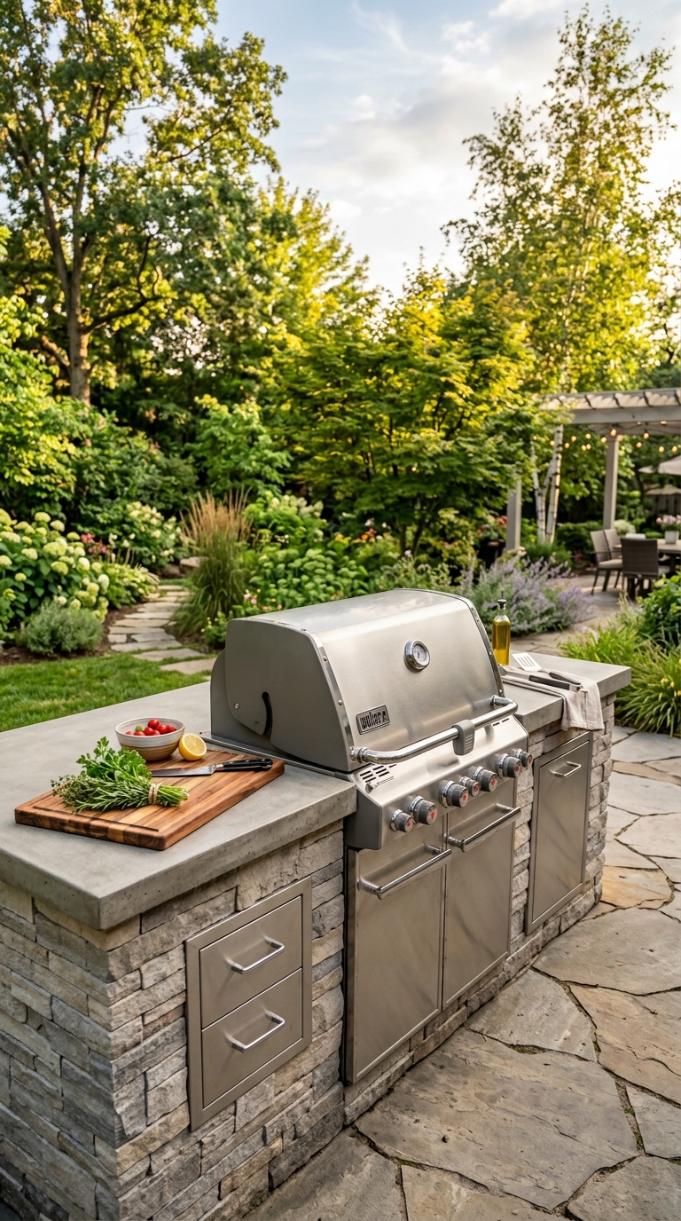 Built-in outdoor grill station with concrete countertop and stone veneer base in a modern backyard