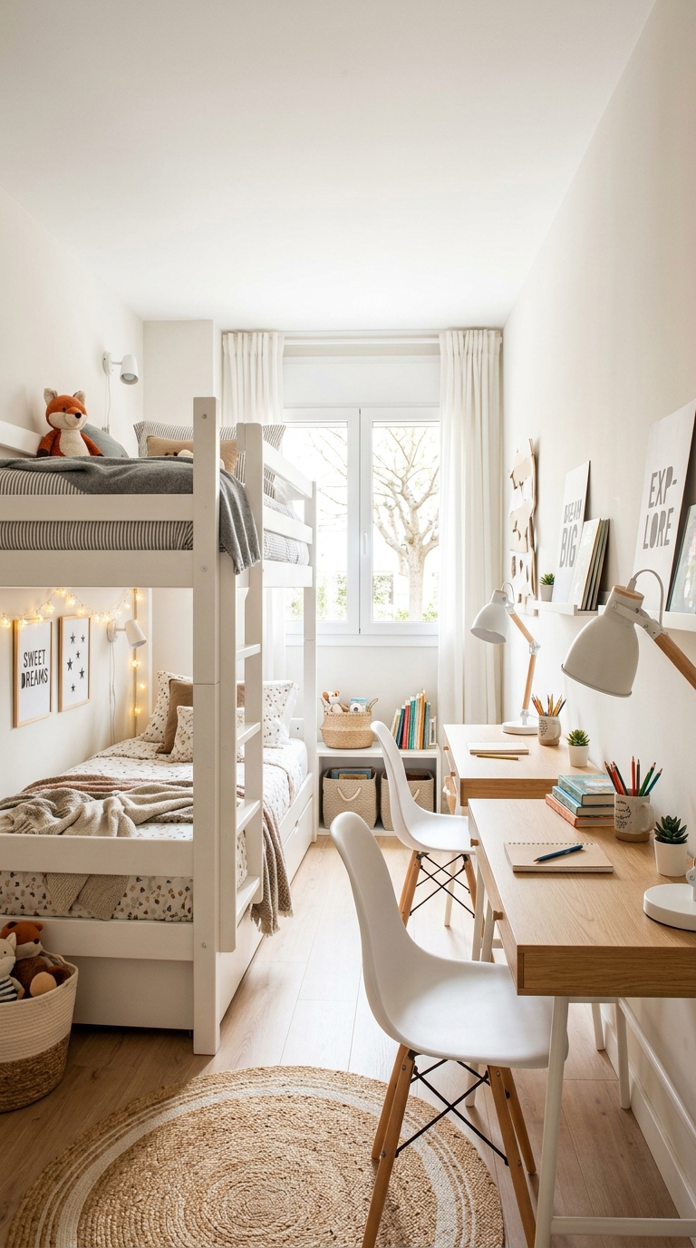 Bunk bed dorm room for two with dedicated side-by-side study desks and bright natural lighting