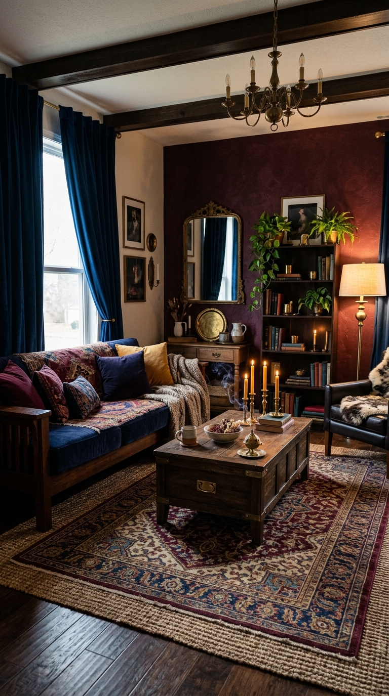 Burgundy and indigo color blocking in a dark boho living room with jewel-tone palette