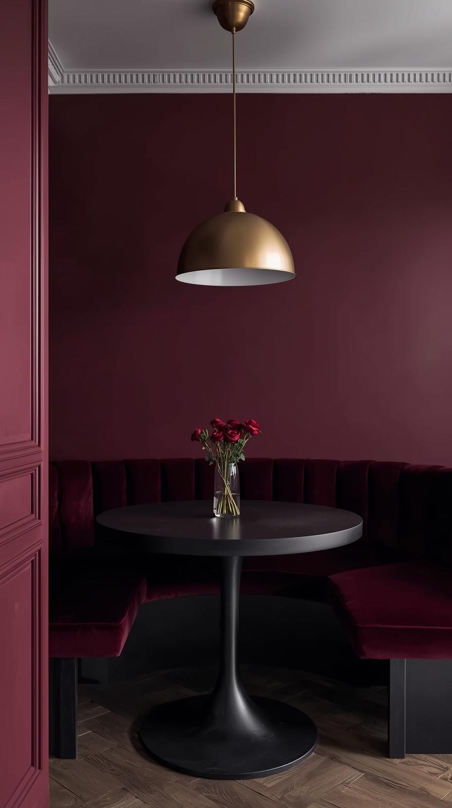 Dramatic moody breakfast nook with burgundy walls, black table, velvet cushion, and gold pendant