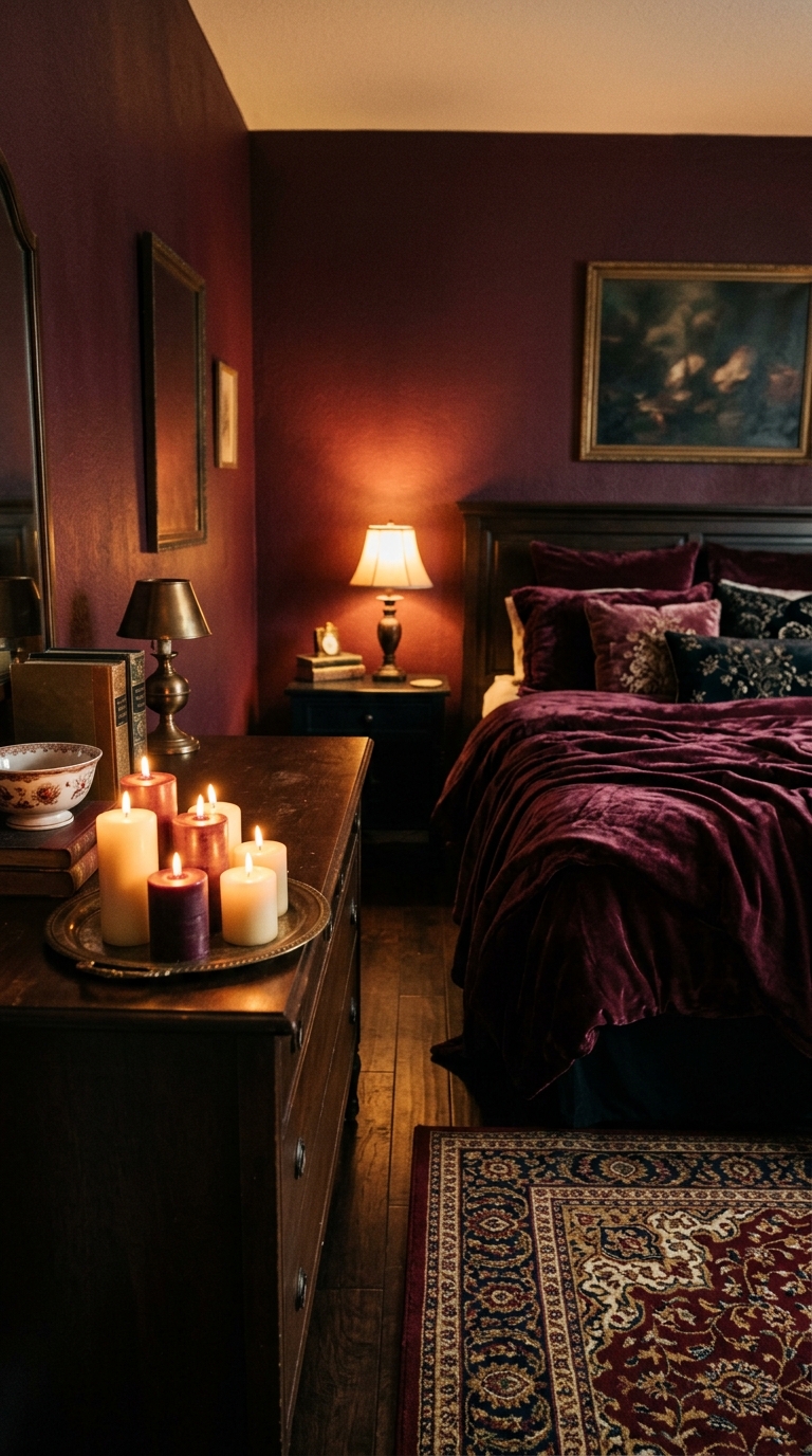Deep burgundy romantic bedroom with velvet bedding, pillar candles, and warm candlelight atmosphere