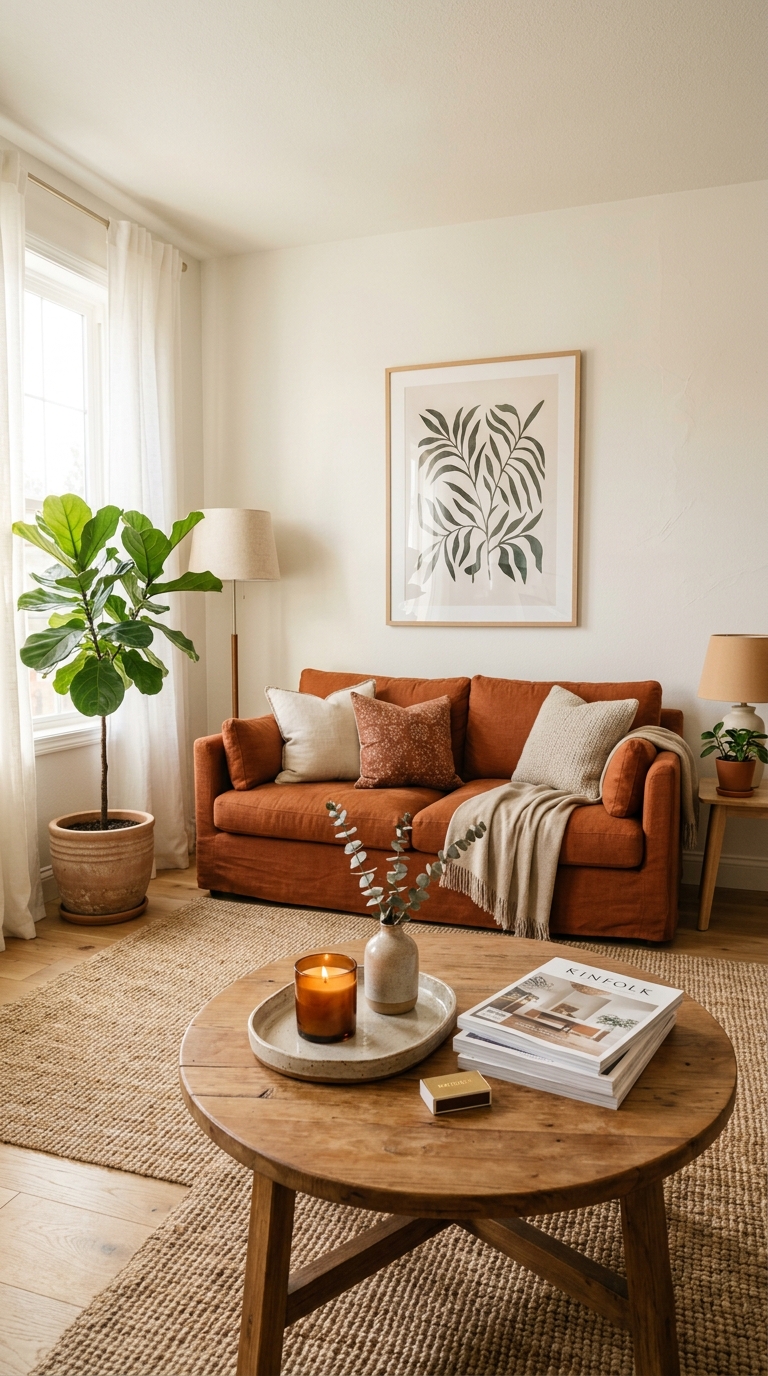 Burnt orange couch against warm white walls in a cozy styled living room with jute rug and wooden coffee table