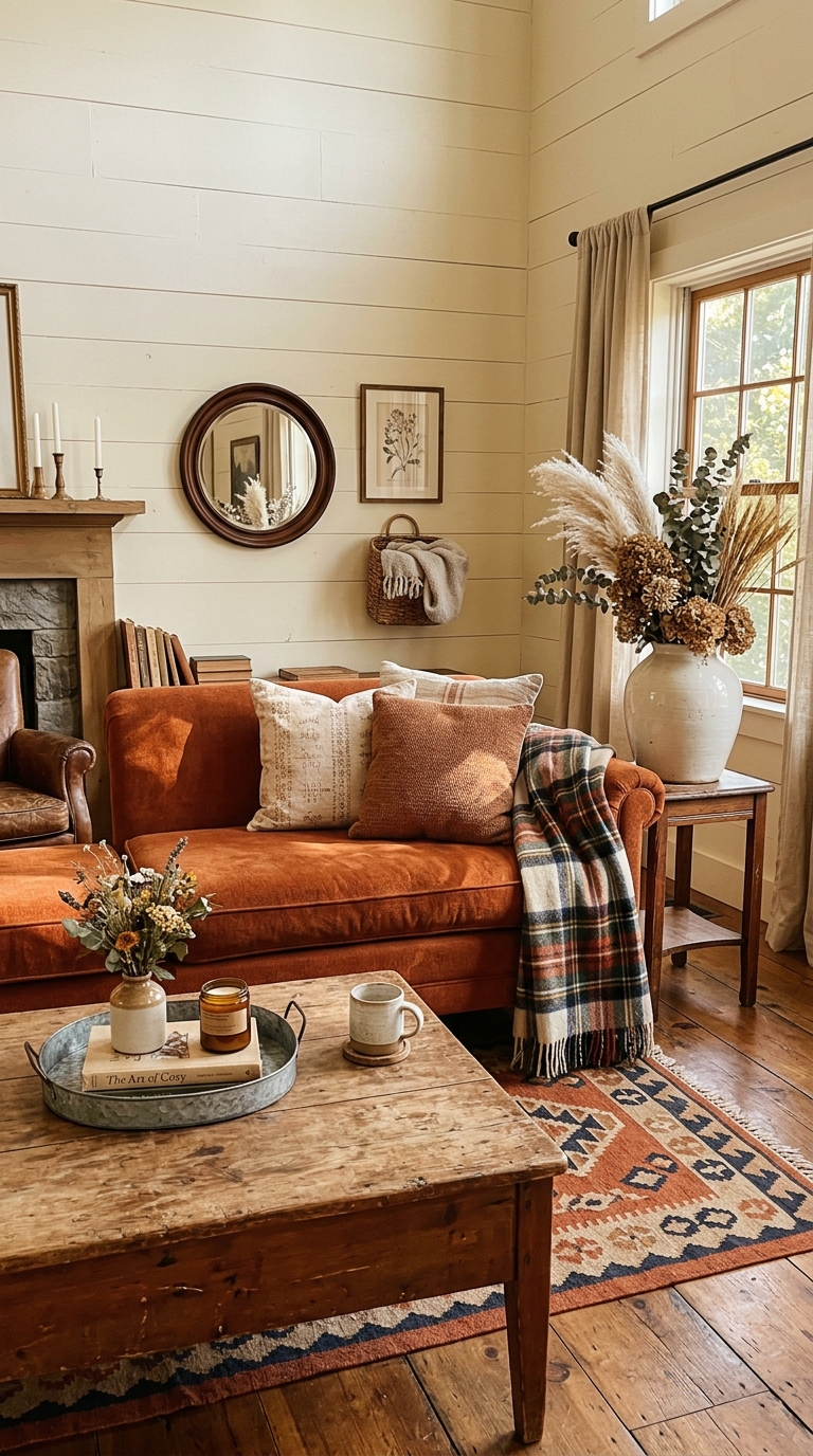Burnt orange sofa with plaid throw, distressed wood coffee table and shiplap wall in a cozy farmhouse living room