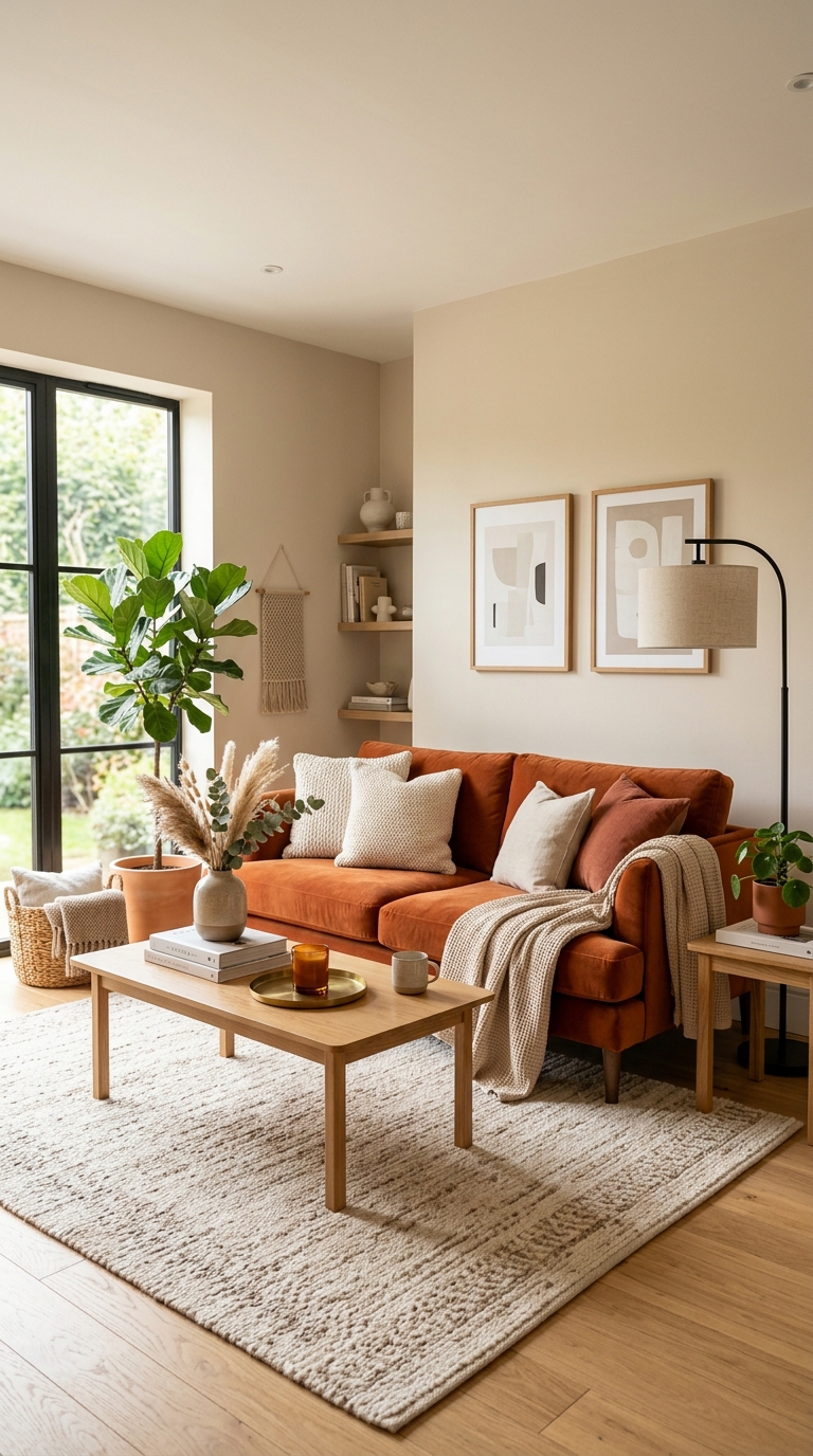 Elegant living room decorated with a burnt orange sofa, neutral accents, warm lighting, and modern interior styling.