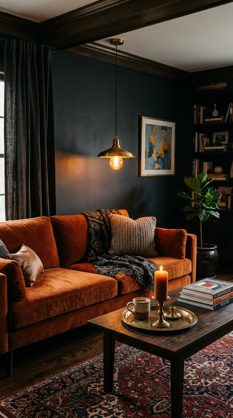 Burnt orange velvet couch against dark charcoal walls with brass accents in a moody