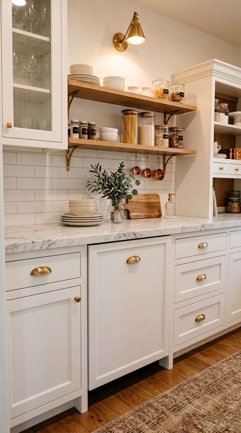 Butler's pantry with a second compact paneled dishwasher under a marble countertop for entertaining