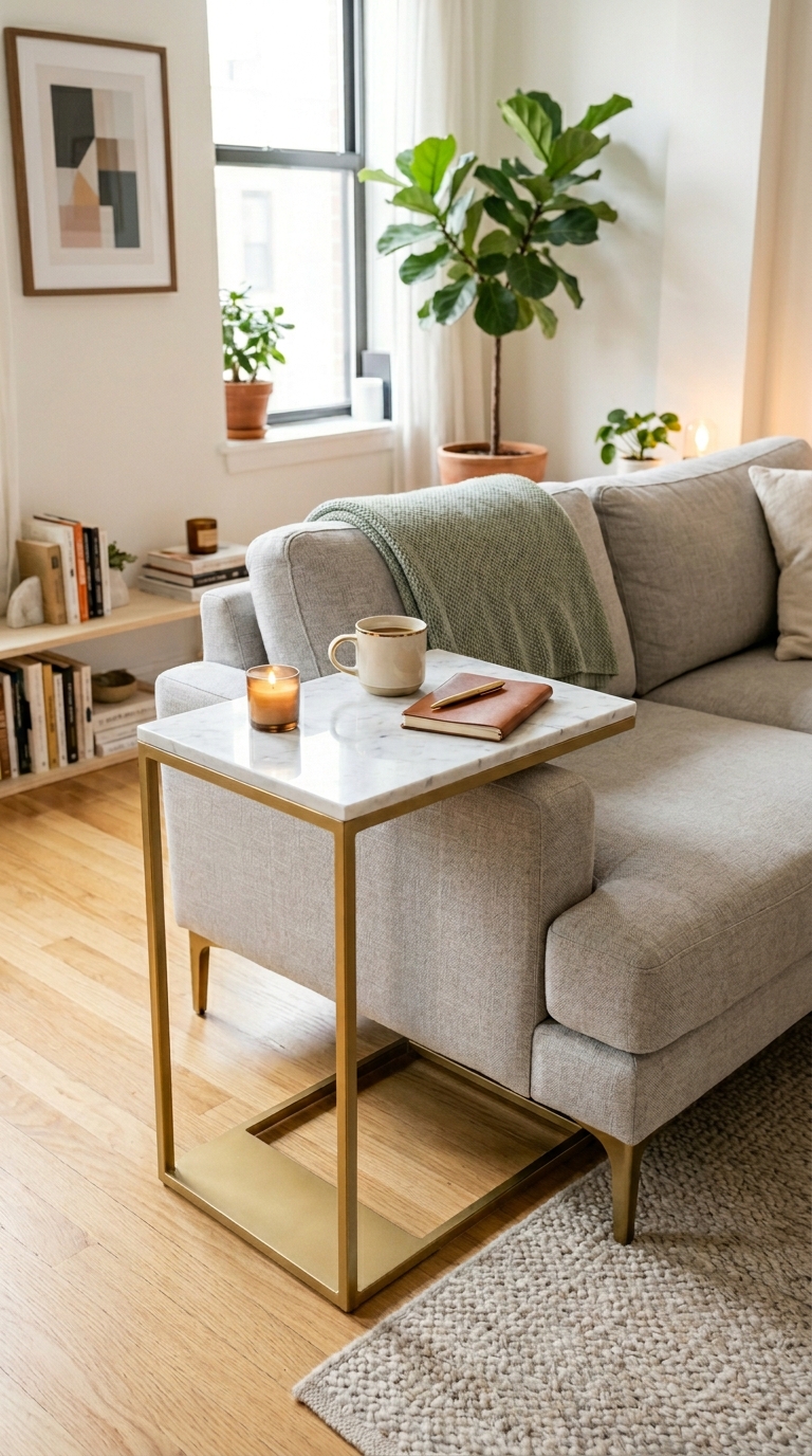 C-shaped side table next to sofa in compact apartment as minimalist coffee table alternative