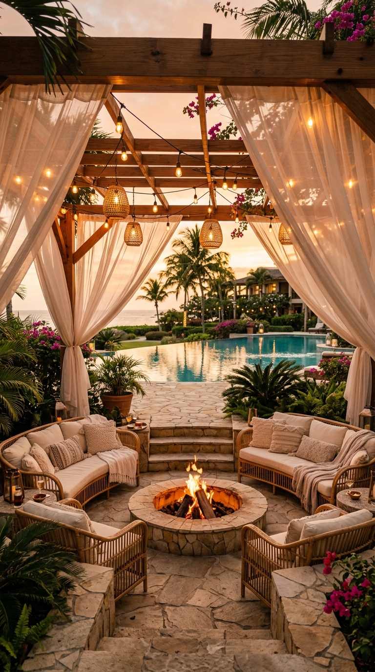 Cabana-style sunken fire pit idea with pergola near pool