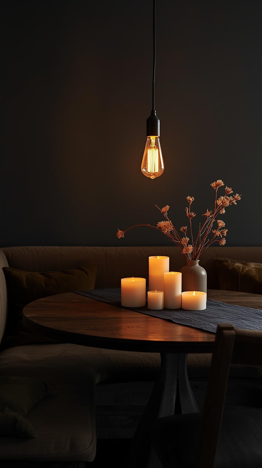 Budget moody breakfast nook with dark linen cushion, candle cluster, and warm Edison pendant
