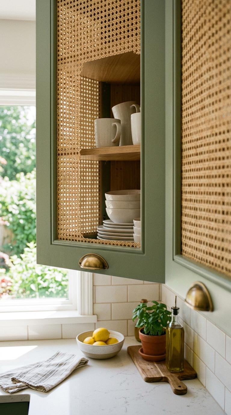 Sage green kitchen cabinets with natural cane front panel inserts and brass cup pulls for summer decor