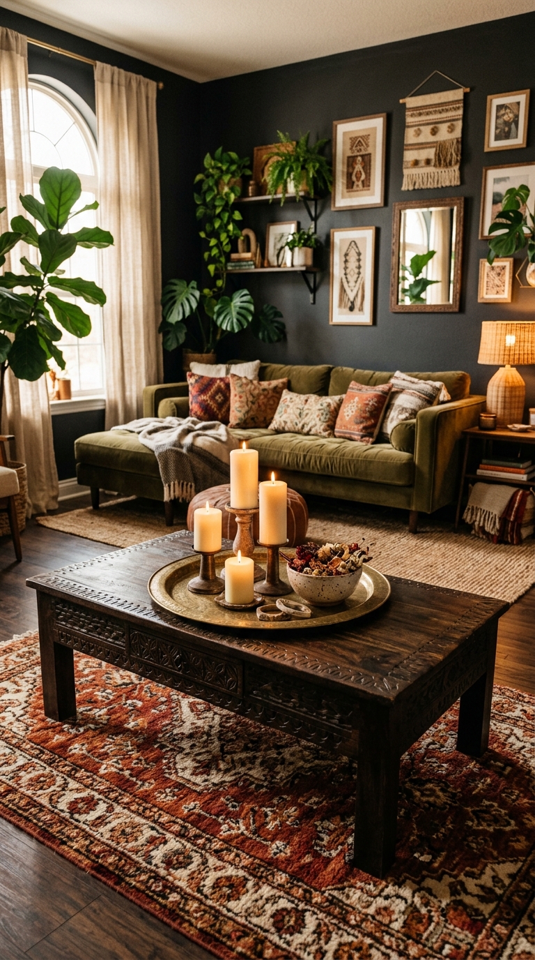 Hand-carved wooden coffee table styled with brass tray and candles in a dark boho living room