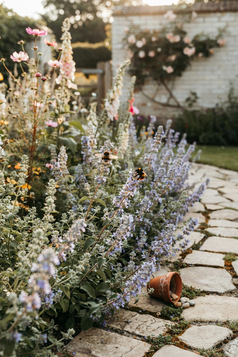 Lavender-blue catmint flowers spilling over a garden border attracting bumblebees in a pollinator garden