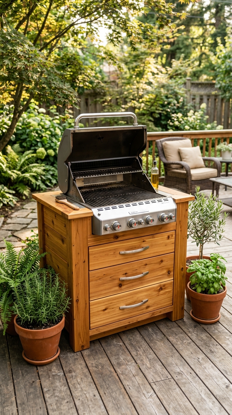 Cedar wood outdoor grill station with built-in storage drawers on a backyard deck surrounded by greenery
