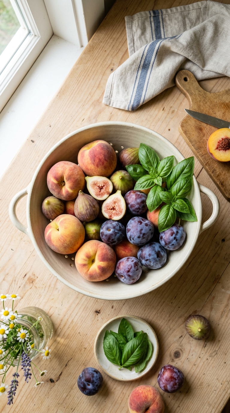 Cream ceramic colander filled with summer peaches, figs, and plums on a farmhouse kitchen counter