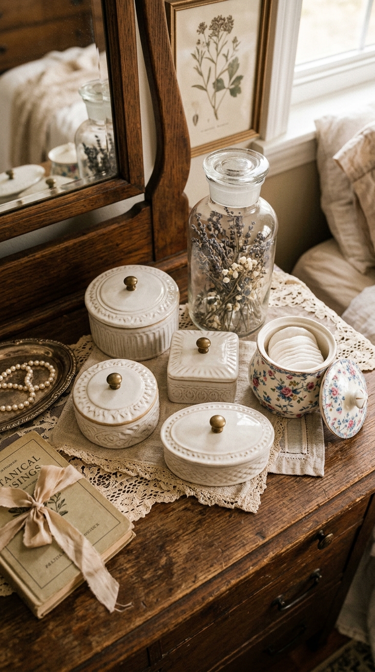 Collection of white and cream ceramic lidded jars and boxes used for surface storage on a shabby chic bedroom dresser with soft warm lighting