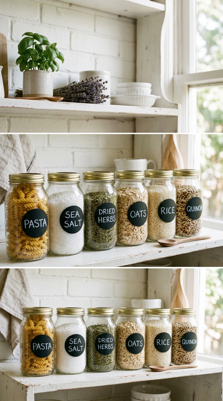 Glass mason jars with chalkboard labels on a clean white open kitchen shelf for organized summer decor