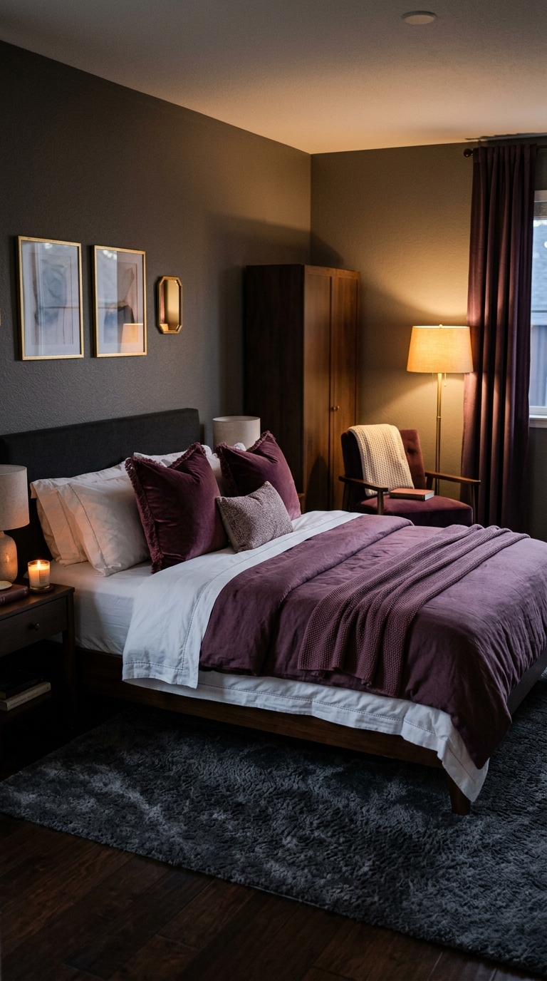 Charcoal grey bedroom with deep plum accents, velvet pillows, and warm amber lighting for a moody romantic look