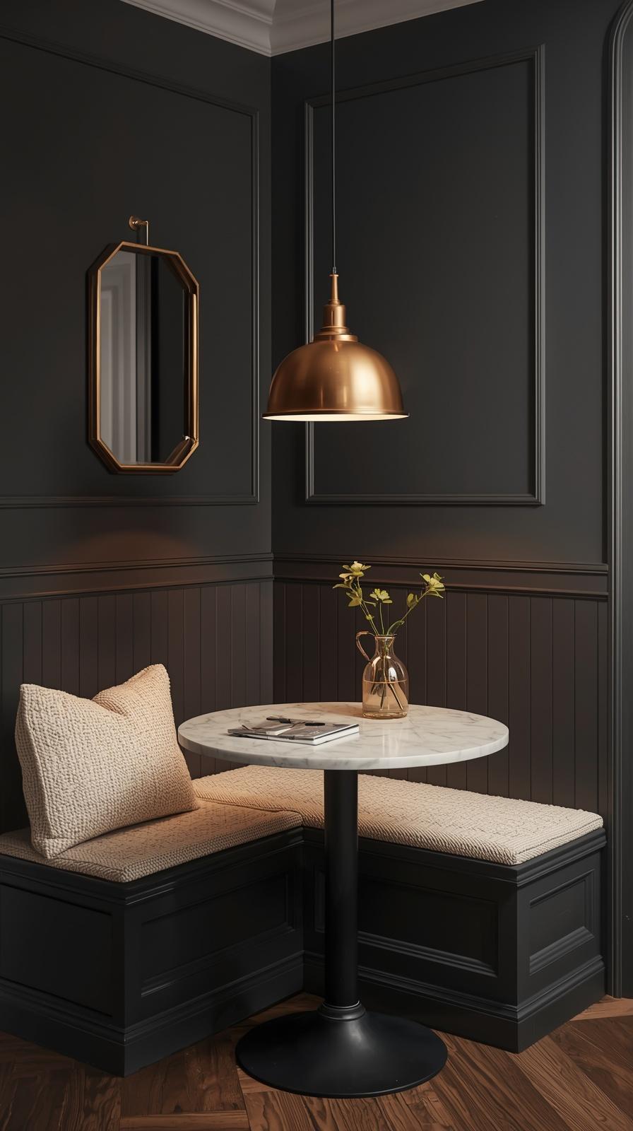 Moody breakfast nook with charcoal walls, marble table, brass pendant, and cream boucle cushion