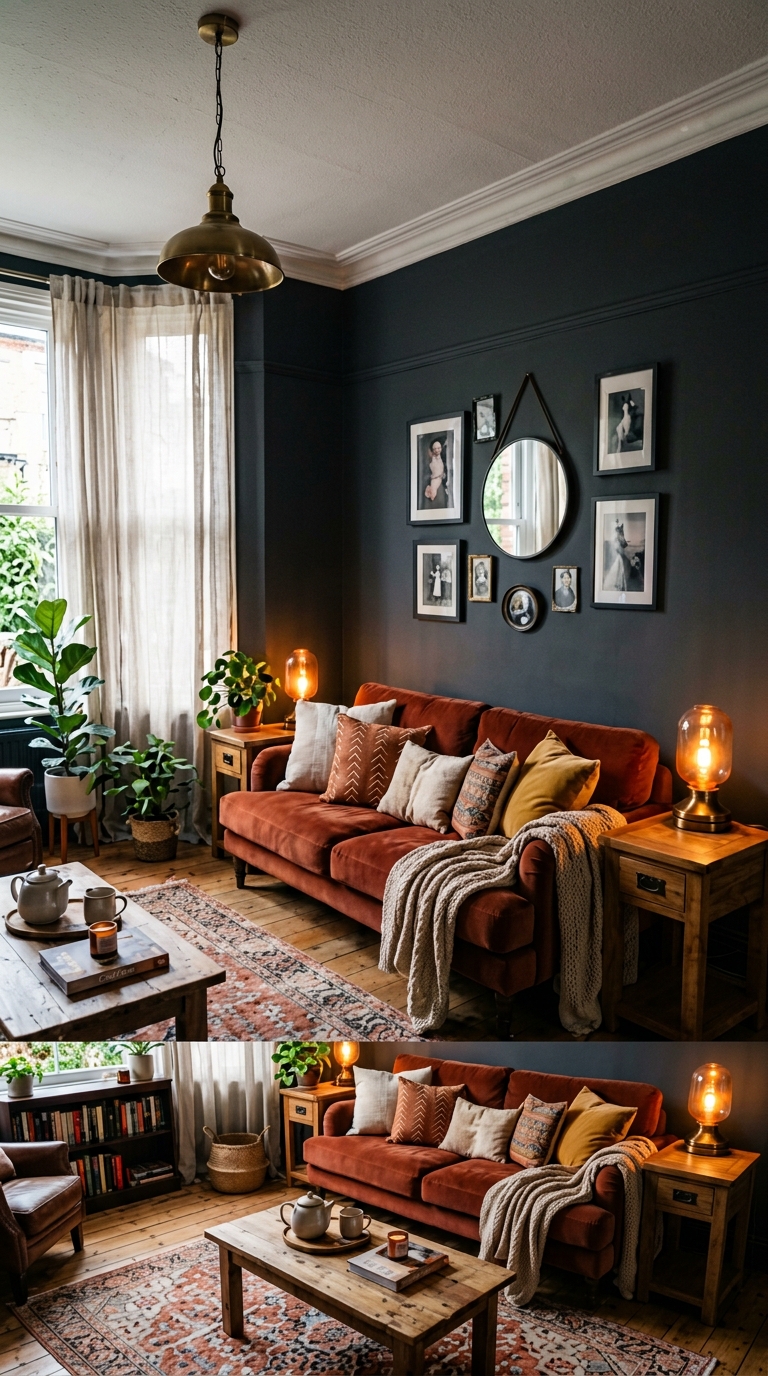 Dark boho living room with charcoal walls and warm amber lighting over a rust velvet sofa