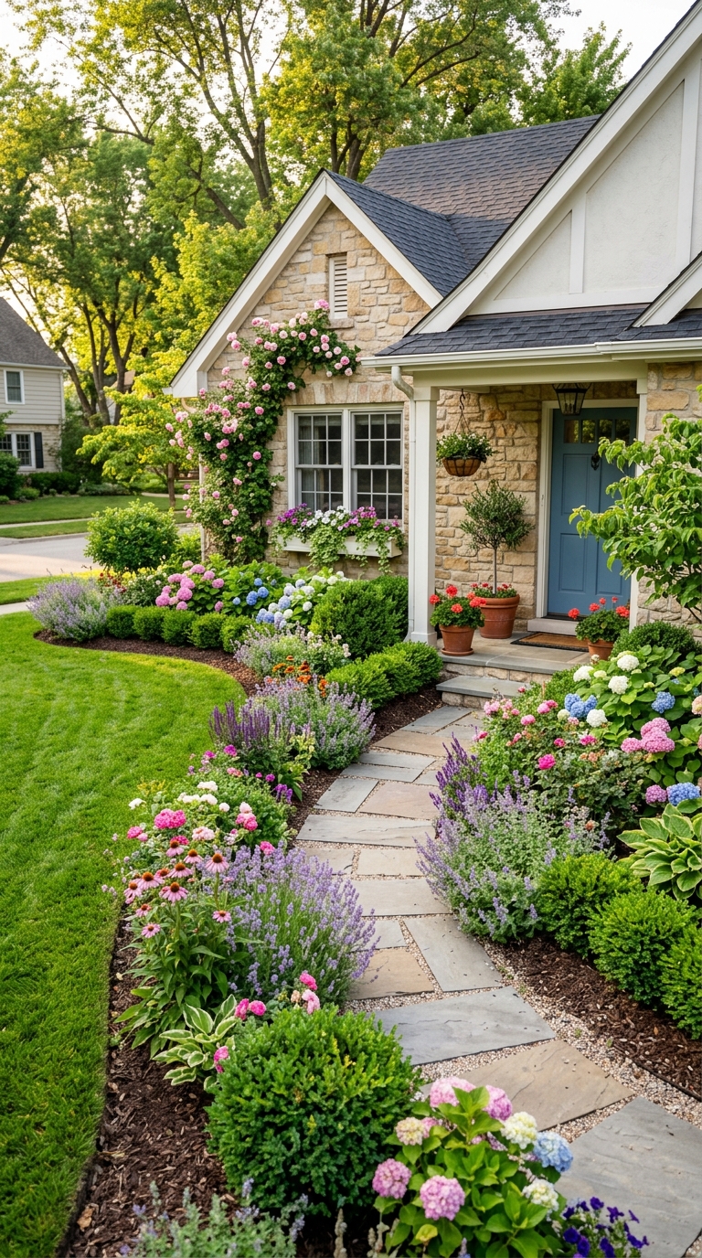 Charming small front yard with flowers and stone pathway