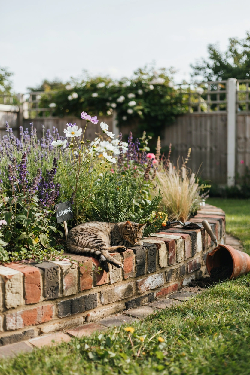Budget brick garden edging using reclaimed and salvaged bricks in a charming varied tone pattern around a garden bed