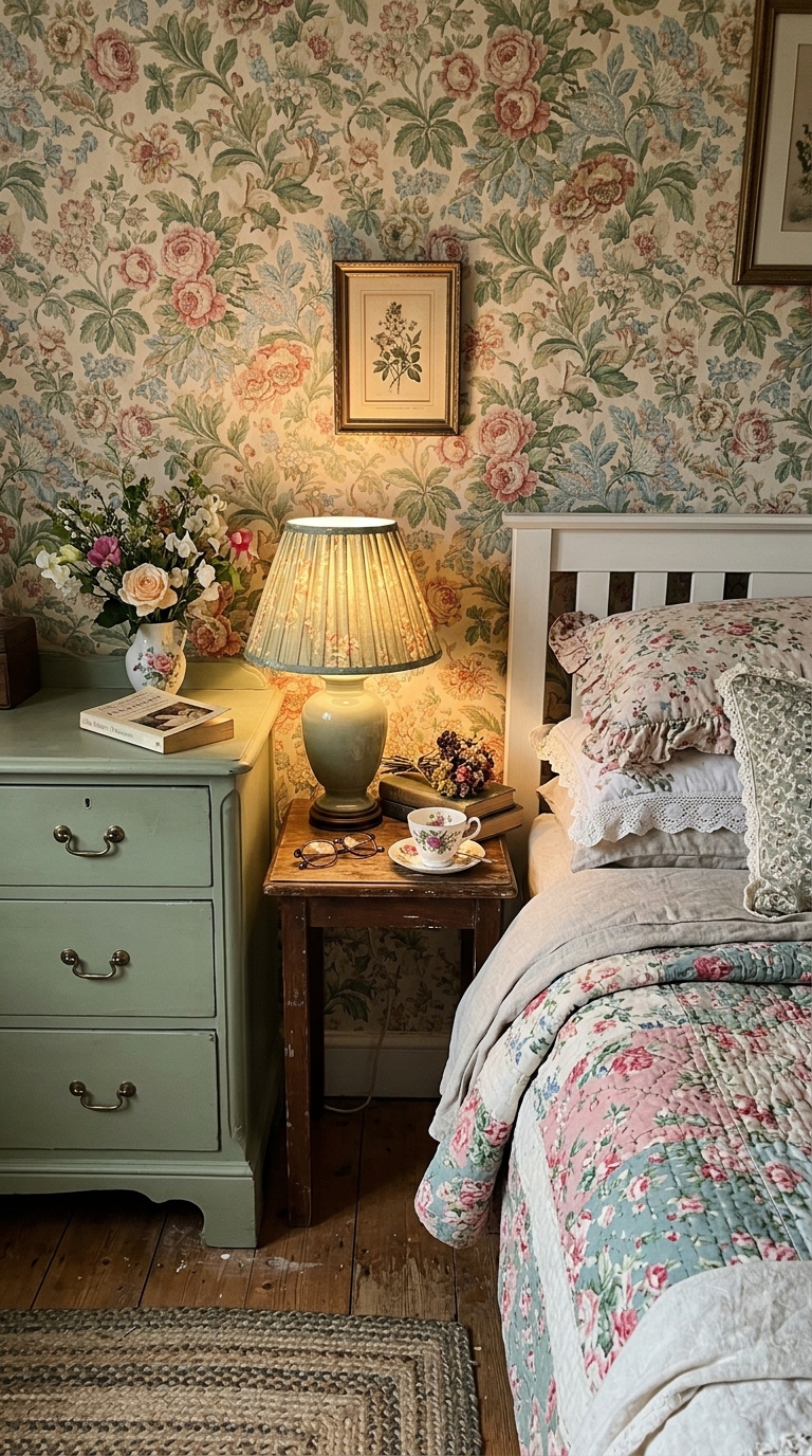 Chintz pattern wallpaper in a cozy cottagecore shabby chic bedroom with vintage painted furniture