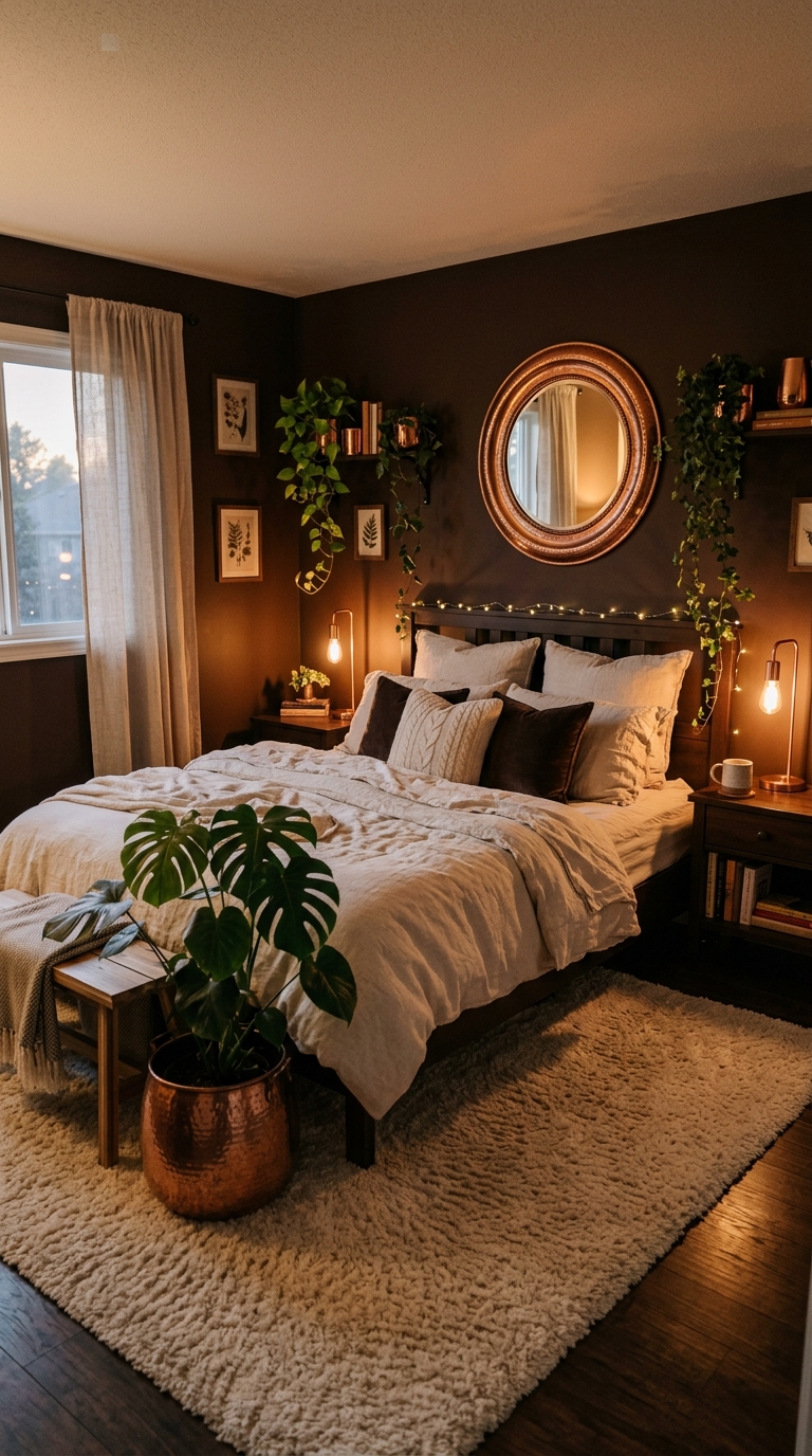 Deep chocolate brown bedroom with cream linen bedding and copper accents for a warm romantic look