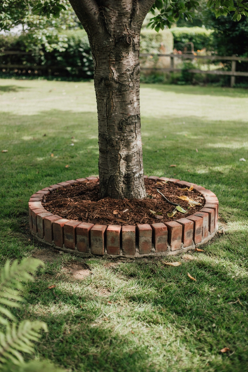 Circular soldier course brick edging around a tree base filled with dark bark mulch in a professional garden landscape