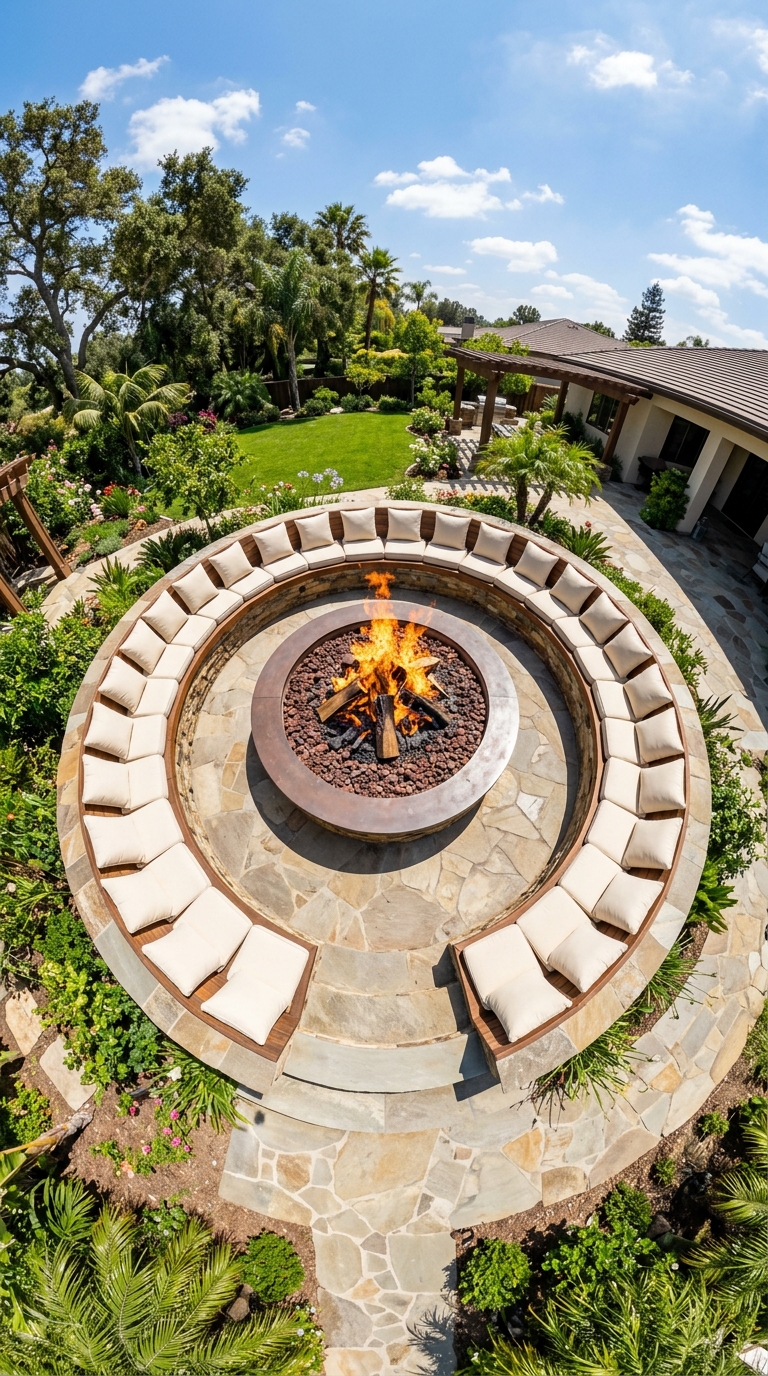 Circular sunken fire pit idea with symmetrical seating for large gatherings