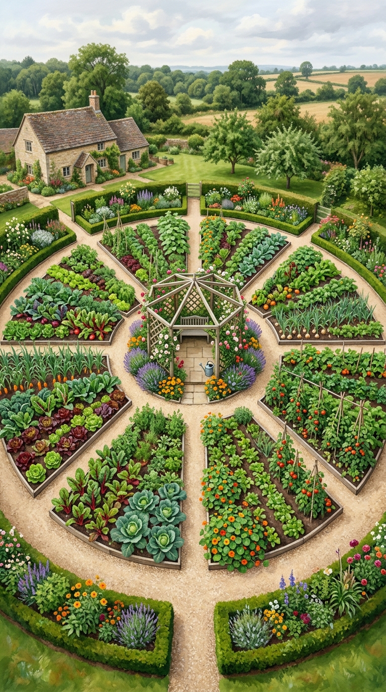 Circular wheel potager garden layout with radiating wedge beds