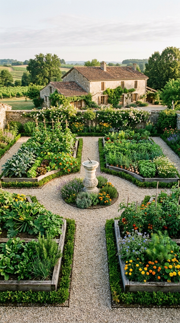 Classic four-bed French potager garden layout with gravel paths, stone sundial, and symmetrical raised beds filled with vegetables and herbs