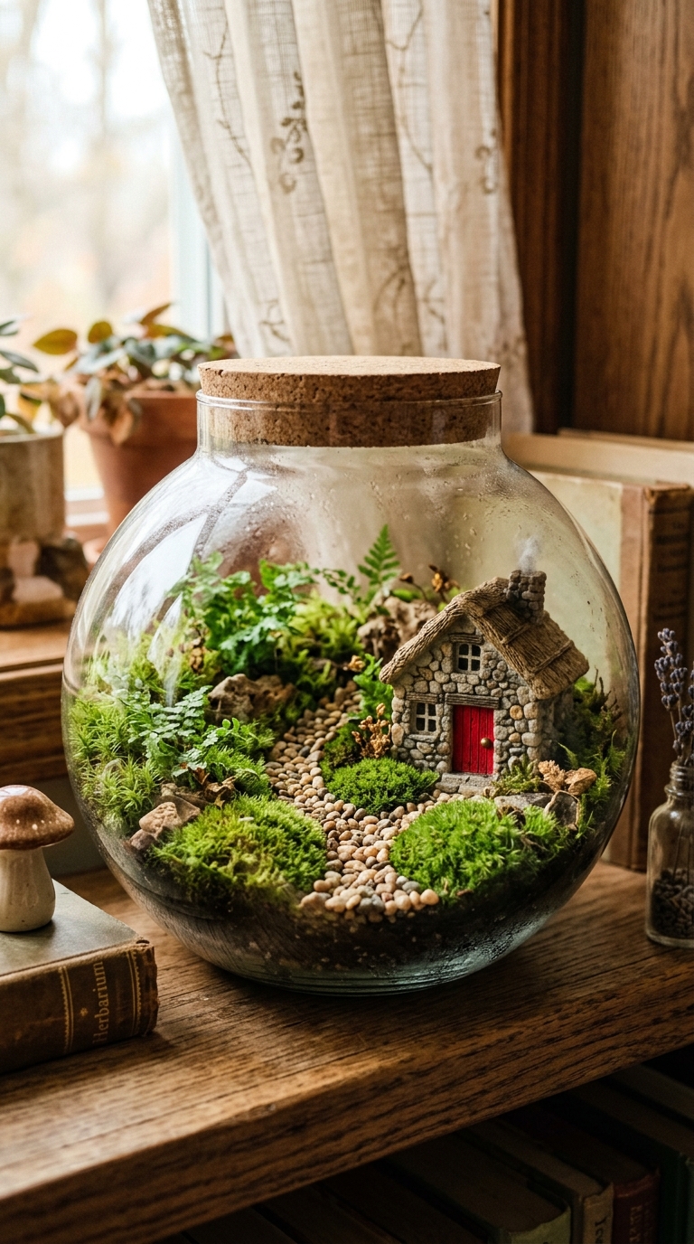 Fairy garden terrarium with cushion moss and tiny stone cottage on a wooden shelf