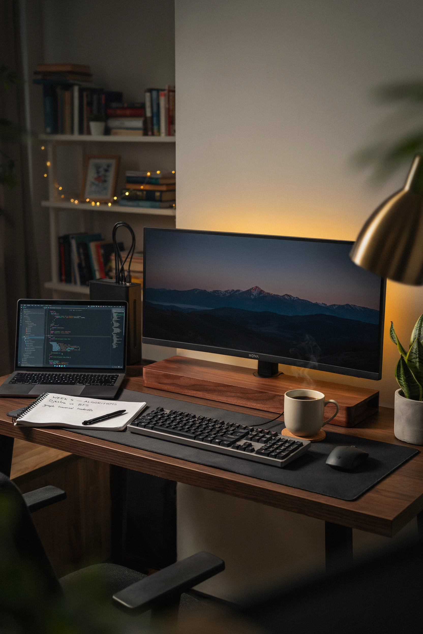 Clean college gaming desk setup for men with monitor riser, bias lighting, and cable management