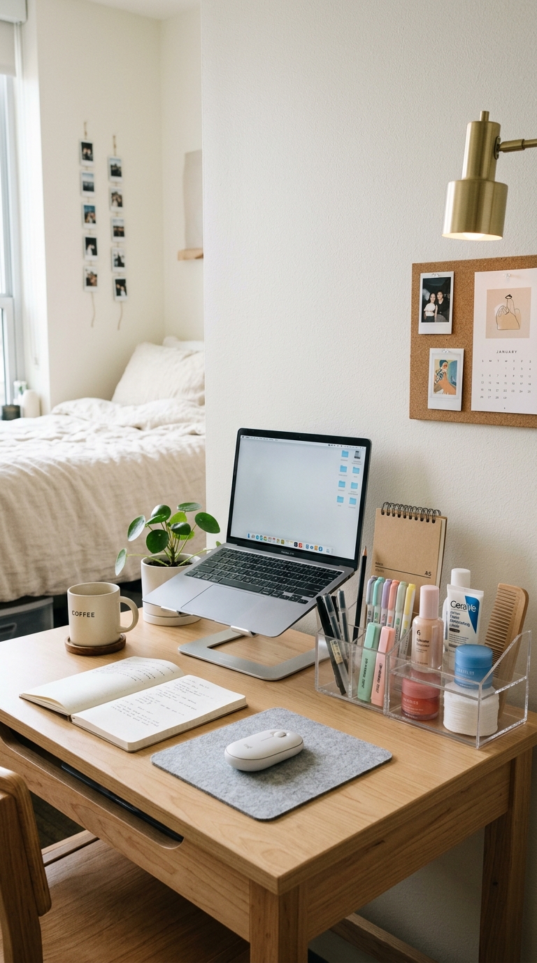 Dorm room organized with clear acrylic storage containers
