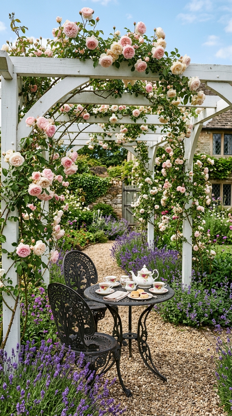 White cottage pergola covered in blush climbing roses with a garden tea table underneath
