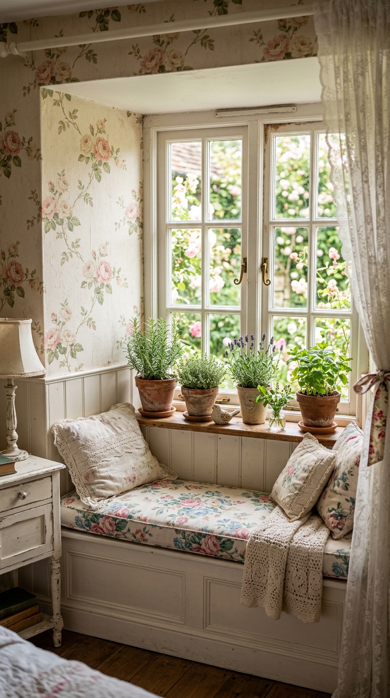 Climbing rose wallpaper around a window alcove in a cottage-style shabby chic bedroom with padded window seat