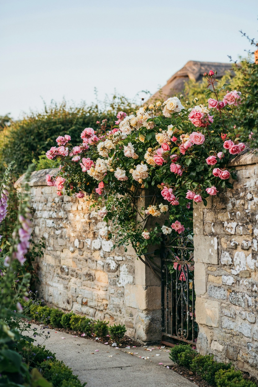 Climbing roses growing on an old stone wall — classic cottage garden rose idea