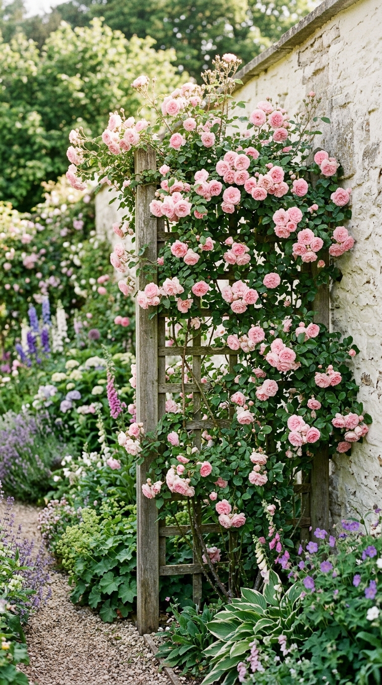 Pink climbing roses trained on a wooden trellis against a pale garden wall in a cottage garden